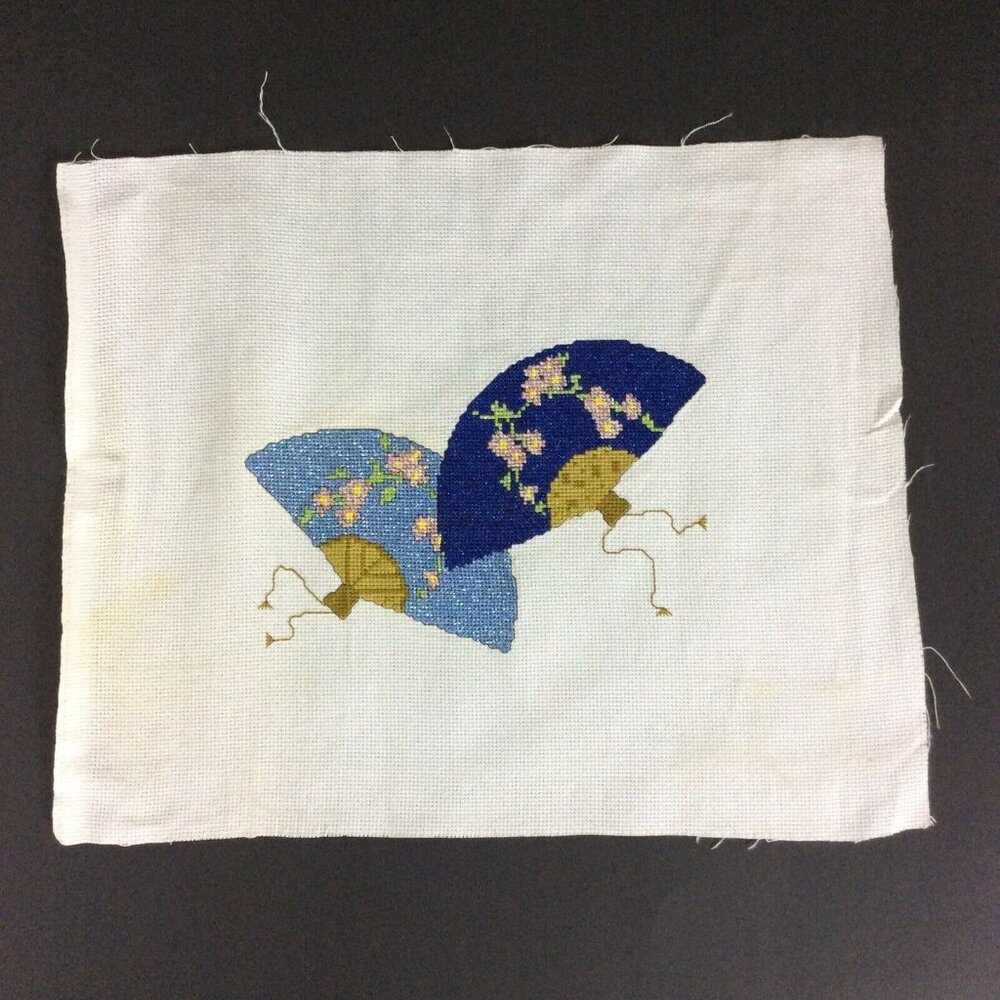 Handcrafted World Map Japanese Fan Finished Cross Stitch Art On Canvas